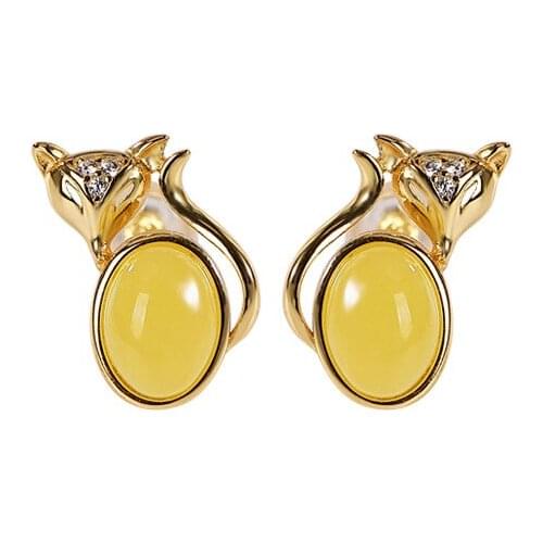 S925 sterling silver gold plated Hetian Jade Gray Jade amber beeswax stud earrings cute personality Fox womens earrings