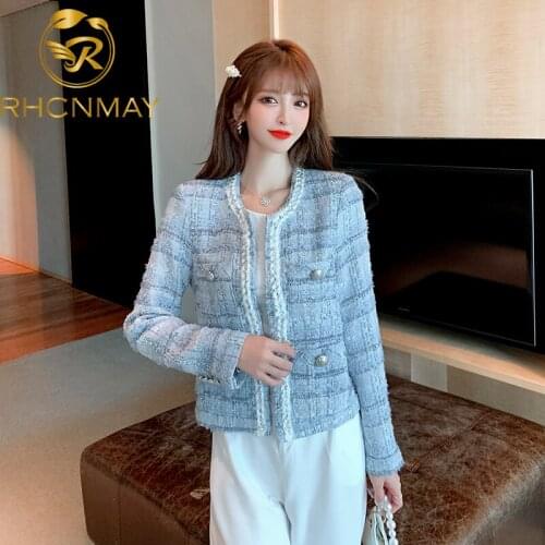 New Women Elegant Tweed Jackets 2021 Fashion Office Ladies Suit Coats Female Autumn Vintage Plaid Knitted Coat Girls Chic