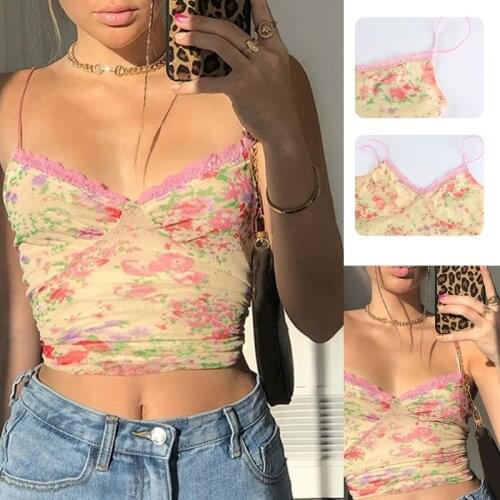Women Spaghetti Strap Floral Crop Top Sexy Backless Mesh Lace Splice Camis Vest 50JB