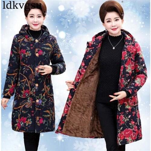 6XL 2020 Middle-aged Winter Women Prints Cotton Jacket Plus velvet Warm Grandmother Outerwear Plus size Loose Hooded Coat V129