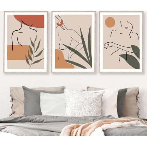 Abstract Naked Female and Leaf Plants Art Prints Boho Burnt Orange Neutral Color Poster Gallery Wall Art Pictures Bedroom Decor