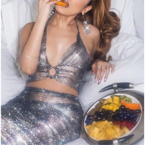 Shiny Crystal 2 Piece Outfits Halter Top See Through Low Cut Sleeveless Women Crop Tops Rhinestone Sexy Skirts Women