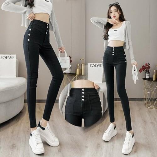 Women Black Blue Mom Casual Cotton Slim Fit Stretch Pencil Pants Women Simple Solid Elastic High Waist Skinny Jeans Fashion