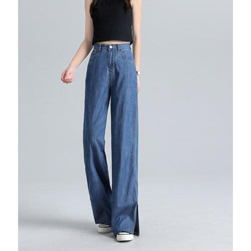 High Waist Tencel Jeans Fashion Loose Wide Leg Pants Split Thin Denim Trousers Women Full Length Pockets Bottoms P925