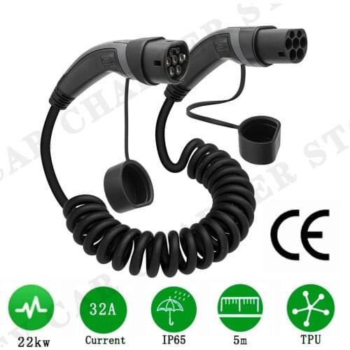 Electric car charger EV charging Spring cable 5M 32A three-phase 22kw Type 2 to Type 2 IEC 62196 EVSE kit