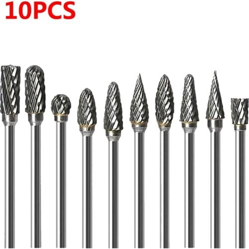 New 10pc 1/8" Shank Tungsten Carbide Milling Cutter Rotary Tool Burr Double Diamond Cut Rotary Dremel Tools Electric Grinding