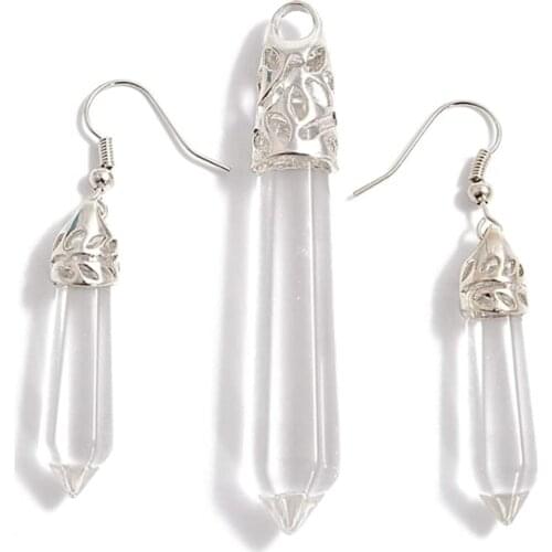 FYSL Silver Plated Hexagon Prism Clear Quartz Pendant Drop Earrings for Women Lapis Lazuli Jewelry Set