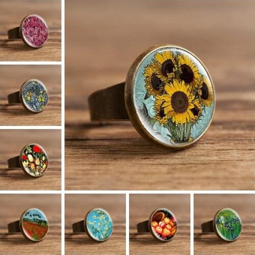 Van Gogh Sunflower Art Painting Adjustable Ring Romantic Flowers Glass Cabochon Rings Resizable Round Handmade Jewelry for Women
