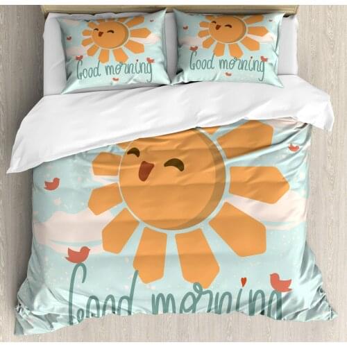 Saying Duvet Cover Set Smiling Happy Sun and Birds 3 Piece Bedding Set Pale Blue Apricot