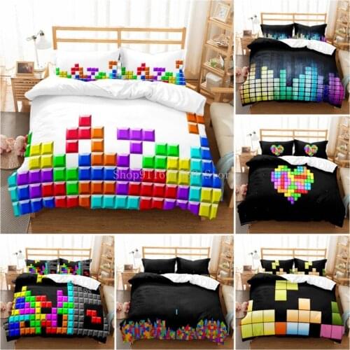3d Colorful Geometric Game Bedding Set Dot Building Blocks Comforter Cover Kids Boy Bed Cover Cartoon Black Duvet Cover Set