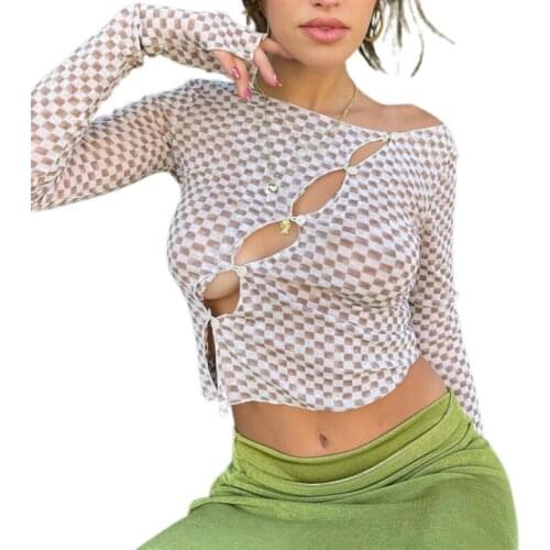 Women Plaid Print Crop Tops, Long Sleeve Hollow Out Irregular Button Down T-Shirts Spring Autumn