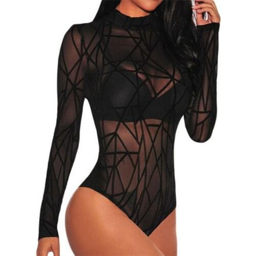 Summer Black Mesh Sheer Sexy Bodysuits Women Romper Long Sleeve Leotard Tops Lace Skinny Bodycon Jumpsuit Turtleneck Rompers
