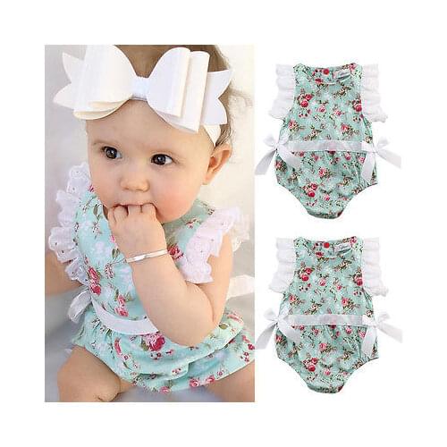 Cute Newborn Baby Girls Pretty Romper Short Petal Sleeve Floral Print Lace Bowknot Jumpsuits Summer Toddler Clothing