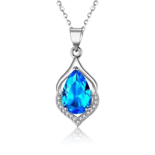 Trendy Silver 925 Girl Clavicle Necklace Jewelry Female Crystal Blue Water Drop Pendant Necklace For Women Party Accessories Hot
