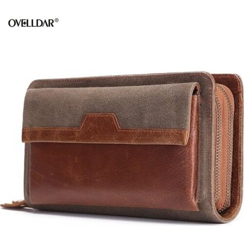 Mens Waterproof Oil Wax Zipper Bag Long Leather Top Layer Cow Clutch Bag Multifunctional Clutch Large Capacity