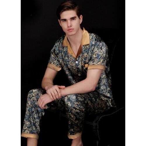 Paisley Robe Men Sleepwear Sets Thin Summer New Ice Silk Short Sleeve 2 Pcs Set Homewear V-Neck Breathable Sexy Mens Pajamas