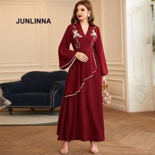 National Dress 2021 Fashion New Women Embroidery and Beads Dresses V Neck Flare Sleeve Pure Colour Lady Loose Vestidos