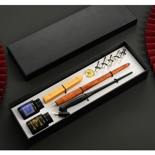Brand New Vintage Dip Pen Fountain Writing Ink 5 Nibs Wax Seal Stamp Gift Box Calligraphy Stationery School Supplies