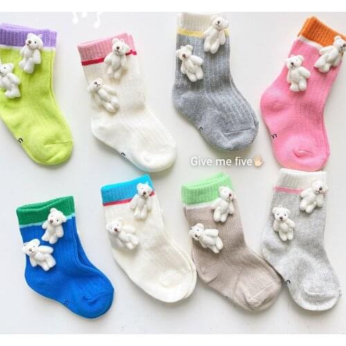 2021 Autumn New Arrival Kids Socks Bear Cartoon Baby Girls Sock Combed Cotton Edge Cute Toddler Boys Sock Patchwork Color