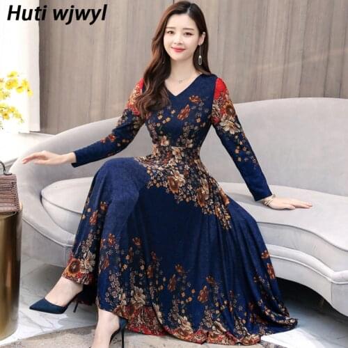 2021 Autumn Winter Gold Velvet Long Sleeve Maxi Dress Vintage 3XL Plus Size Print Dress Elegant Women Bodycon Party Red Vestidos