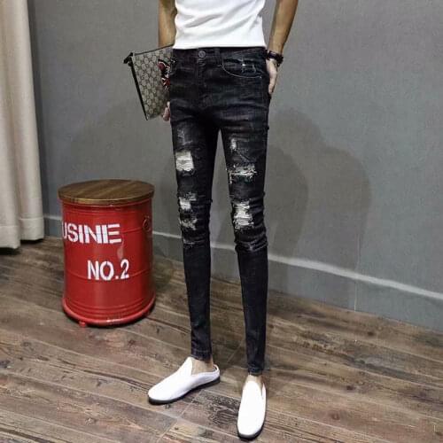 Spring style simple ripped jeans mens Korean slim feet ankle length pants tight-fitting cat claw pants trendy mens long pants