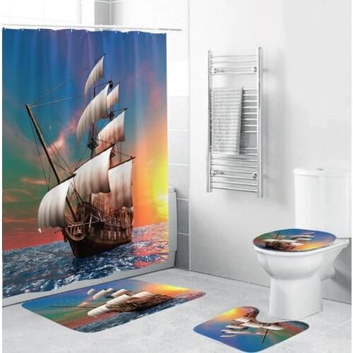 3D Large-scale Sailboat Printed Shower Curtain Sunny Sea Fabric Bathroom Curtains Non-Slip Rugs Toilet Lid Cover Mat Carpet Set