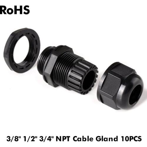 Waterproof Cable Gland 10pcs Cable entry IP68 NPT 3/8"NPT 1/2"NPT 3/4"NPT White Black Nylon Plastic Connector