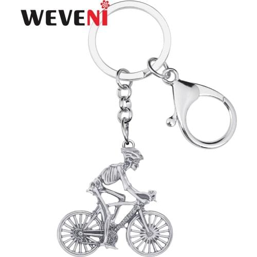 WEVENI Halloween Antique Gold Plated Bicycle Skull Keychains Skeleton Keyring Jewelry For Women Men Teen Trendy Gift Car Charms
