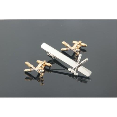 WholeSale 10sets/lot Golf Ball Club Cufflink Tie Clip sets Brass Copper High Quality Sports Cuff Links Tieclips Father Day Gift