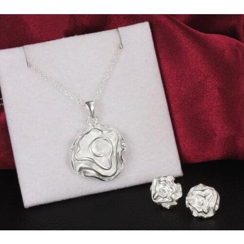 Fine fashion 925 sterling Silver charms rose flower Pendant stud earrings necklace for women wedding Party Jewelry set gifts