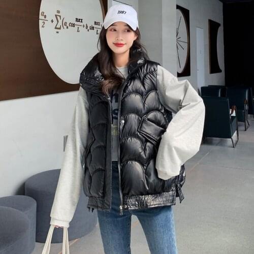 Womens Winter Vest Solid Glossy Stand Collar Padded Pockets Ladies Sleeveless Jacket Zipper Waistcoat for Female 2021 Fashion