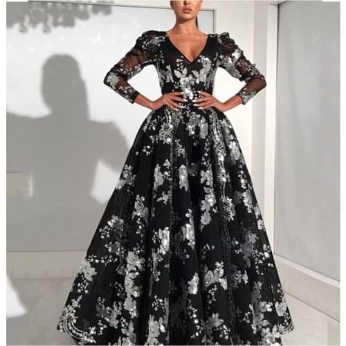 Women Sequin Floral Maxi Dress Fashion Solid Color Sexy Long Sleeve V-neck Large Hem Mesh Dress Party Dress
