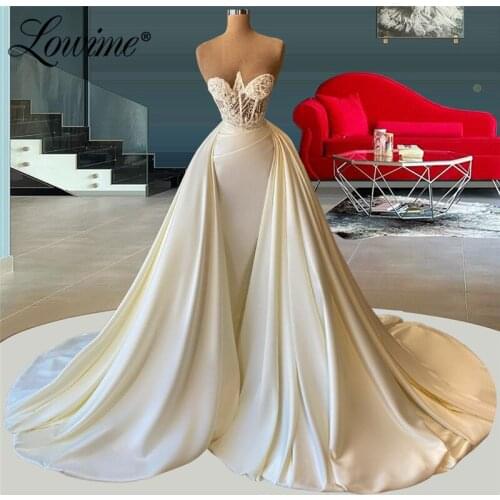 Robes Ivory Long Prom Dresses Lace Pearls Arabic Illusion Neckline Mermaid Evening Dress Couture Party Gowns For Wedding Vestido