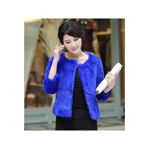 Winter womens full pelt real rabbit fur female short design outwear three quarter sleeve o-neck slim fur coat