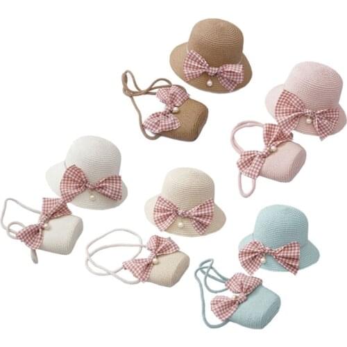 2021 Baby Summer Straw Hat Girl Kids Holiday Beach Bucket Hats Children Bunny Cap Sun Hat Shoulder Handbag Bag Props Gift