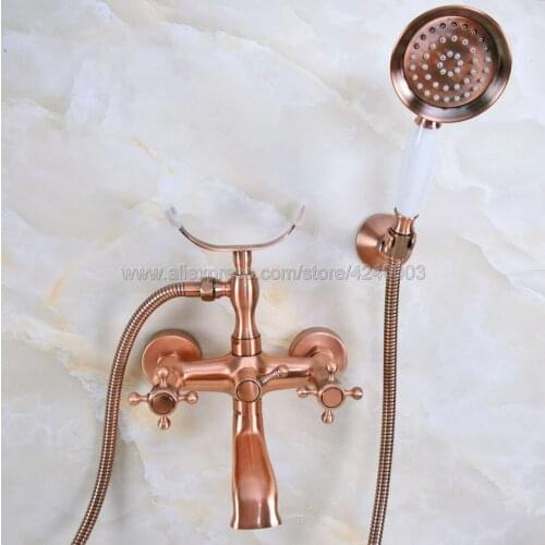 Antique Red Copper Brass Bathroom Tub Faucet W/Hand Shower Sprayer Clawfoot Mixer Tap Wall Mounted Kna358