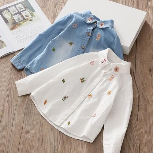 Girls Blouse Denim Cartoon bear Embroidery Shirts Baby Toddler Kid Fashion cowboy Tops Childrens Autumn Lovely Blouses Clothes
