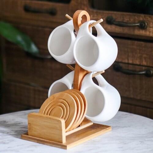 Ceramic coffee cup set creative four-piece tea cup dish bamboo frame combination coffee cup kitchen accessories WF923430