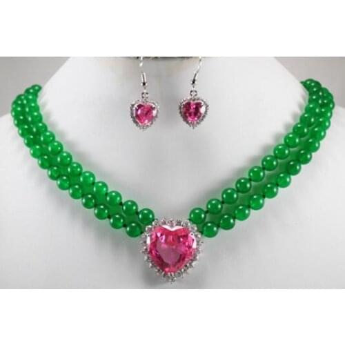2Row 8MM Green Jade necklace Butterfly Pendant Drop earring Jade Jewelry set