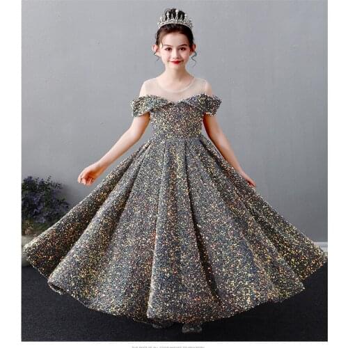 Sequin Lace Girls Princess Flower Girl Dresses Wedding Birthday Party Long Gown Formal Pageant Gowns Junior Bridesmaid Clothes