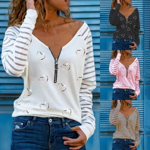 Fashion summer Woman blouses Long Sleeve Love Heart Print Fashion Zipper T-shirt Top for Spring female clothing