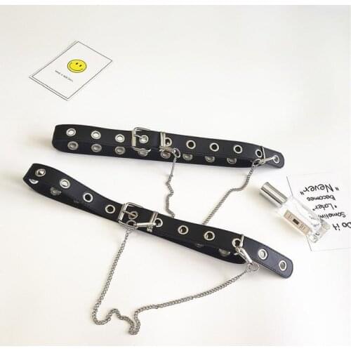 New Fashion ladies Black Punk Gothic Faux Leather Belt Metal Chain Ring Waist Waist Belts Long Belts Strap Street Dance Decor