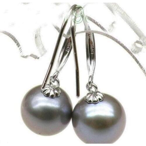 Charming AAA 9 mm Natural akoya silver gray pearl dangle earring 14K/20 white gold