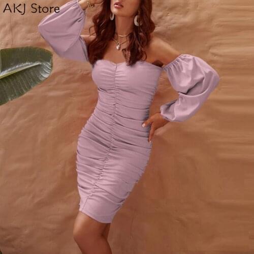 Solid Off Shoulder Ruched Bodycon Dress Sexy Vestidos