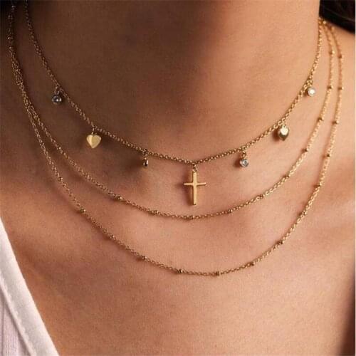 Mavis Hare Stainless Steel Heart Cross Crystal Choker Necklace & Spotted Double Layer Necklace simple style elegant Necklace set