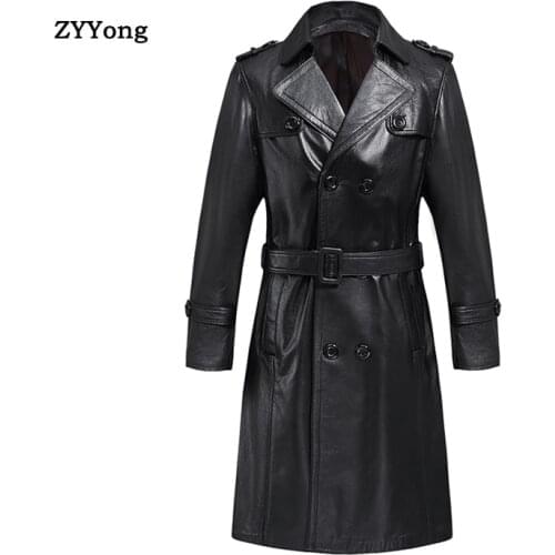 Luxury Trench Leather Coat Mens Single Breasted Business Casual Leather Jacket Male Black Long Genuine Leather Coat Big Size 8XL
