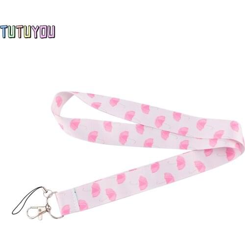 PC3205 Pink Umbrella Neck Strap Lanyards ID Badge Card Holder Keychain Phone Gym Strap Webbing Necklace Women Girl Child Gift
