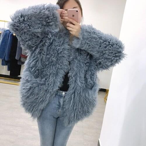 SJ1042 100% Top Quality Wholesale Price Cheap Handknit Blue Color Lamb Fur Jacket with Pocket