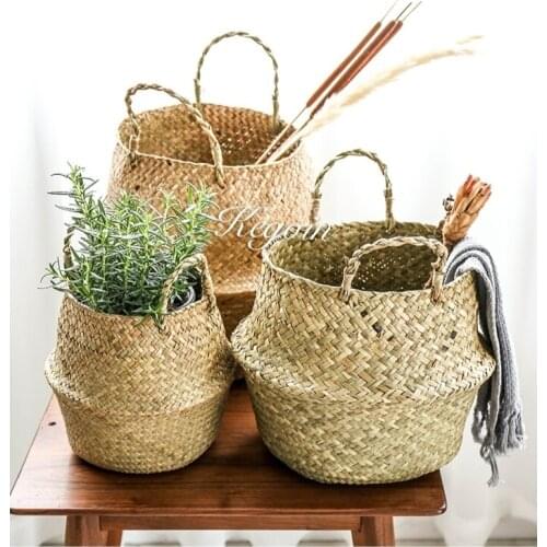 Folding Handmade Seagrass Wickerwork laundry basket Clothing Plant storage Basket