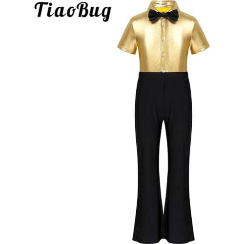 TiaoBug Kids Boys Shiny Metallic Short Sleeves Jumpsuit with Necktie Halloween Party Stage Performance Rock Jazz Dance Costume